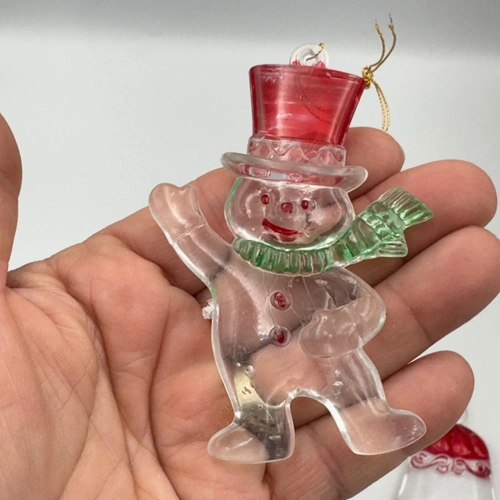 Vintage Clear Red Acrylic Christmas Ornaments Set 4 Santa‎ Snowman Bell Stocking